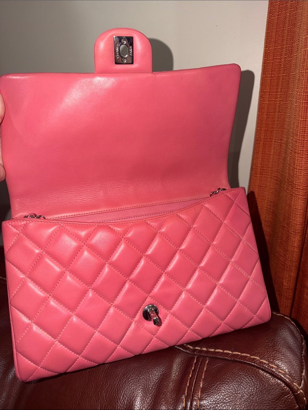Authentic Chanel Pink Lambskin Leather Quilted Classic Flap Clutch Shoulder Bag - Picture 9 of 16